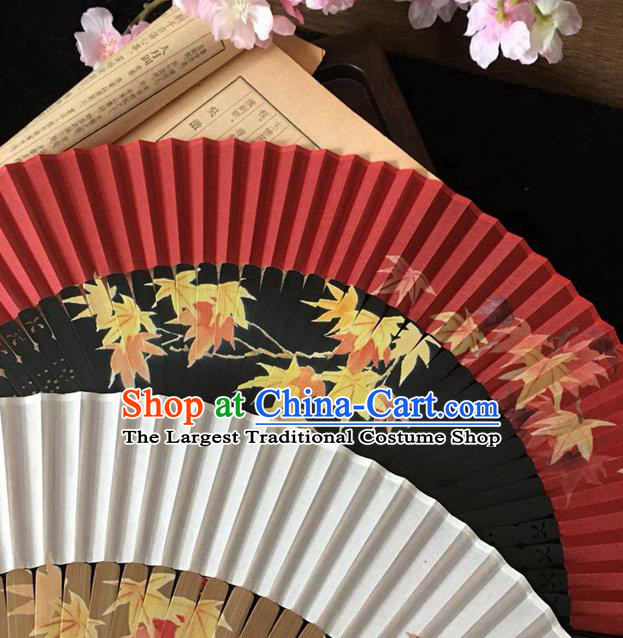 Chinese Handmade Bamboo Fan Printing Maple Leaf Folding Fan Classical Dance Red Silk Accordion Craft