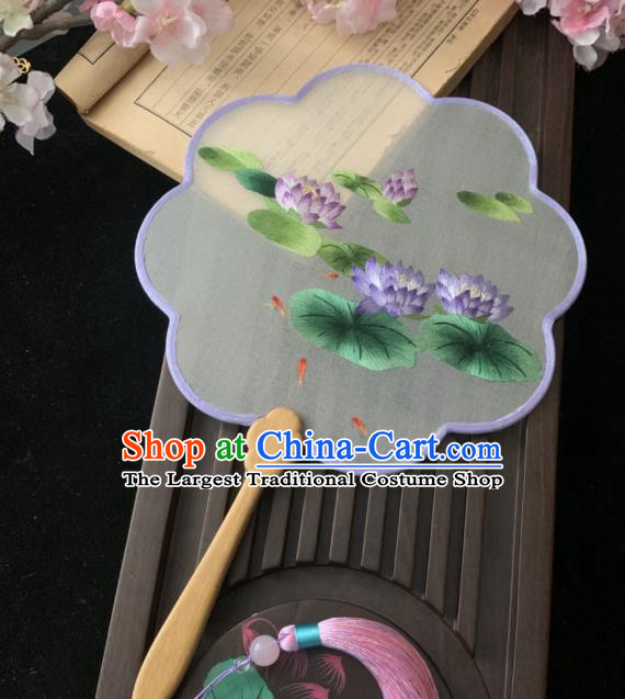 China Classical Embroidered Purple Lotus Fan Handmade Palace Fan Traditional Hanfu Silk Fan Dance Fans