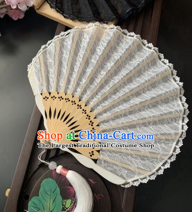 Japan Classical Dance White Lace Accordion Scallop Folding Fan Handmade Bamboo Fan