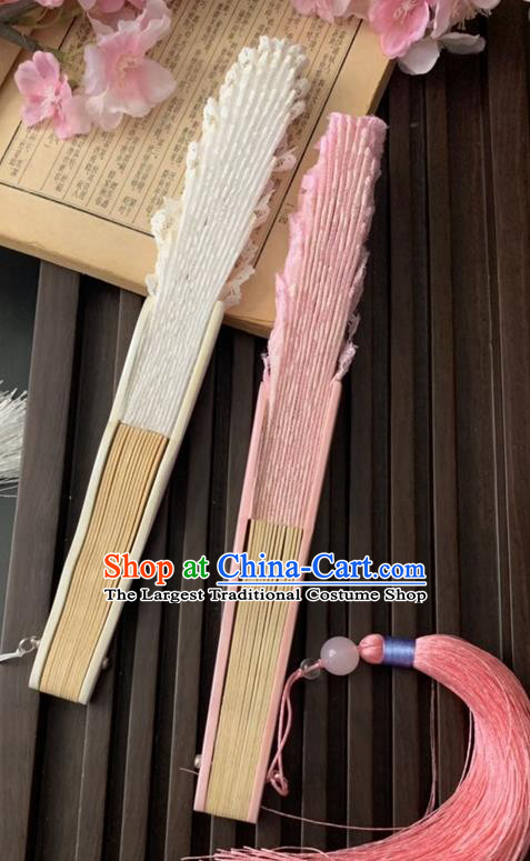 Japan Scallop Folding Fan Handmade Bamboo Fan Classical Dance Pink Lace Accordion