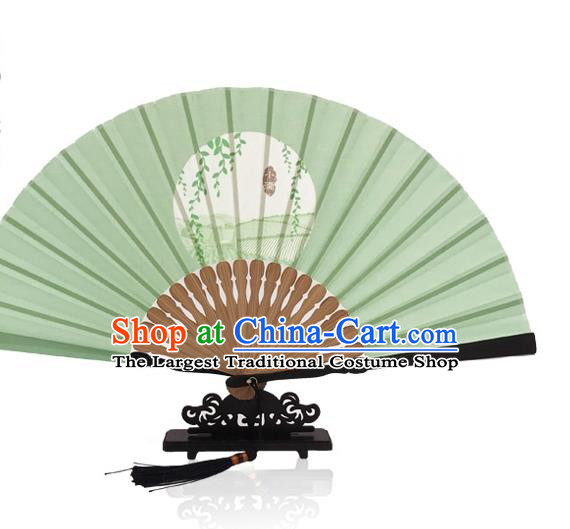 Handmade Grain Full Accordion Chinese Printing Twenty Four Solar Terms Folding Fan Light Green Silk Fan