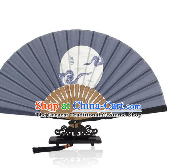 Chinese Navy Silk Fan Printing Twenty Four Solar Terms Folding Fan Handmade Frost Descent Accordion
