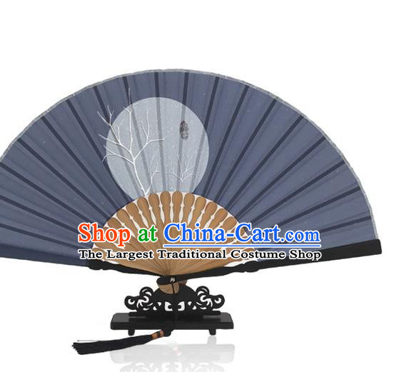 Chinese Printing Twenty Four Solar Terms Folding Fan Navy Silk Fan Handmade Slight Snow Accordion