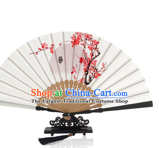 Chinese Plum Blossom Silk Fan Printing Twenty Four Solar Terms Folding Fan Handmade the Beginning of Winter Accordion