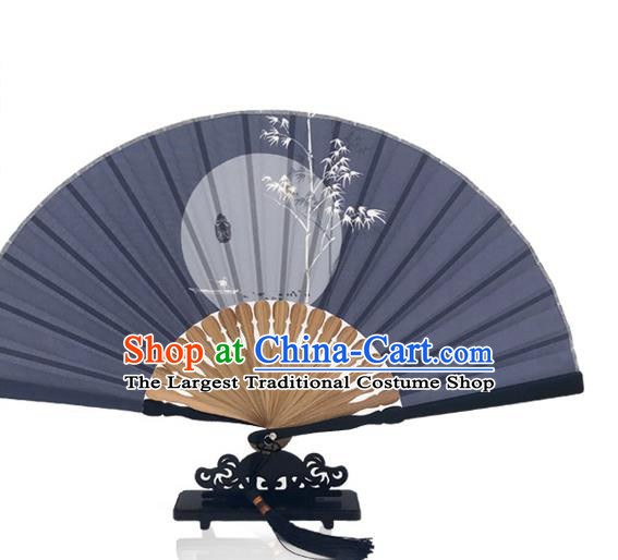 Chinese Bamboo Navy Silk Fan Handmade Great Cold Accordion Printing Twenty Four Solar Terms Folding Fan