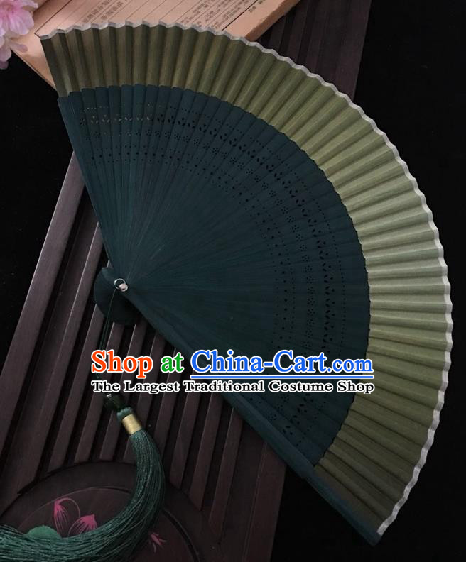Chinese Handmade Accordion Classical Silk Folding Fan Green Bamboo Fan