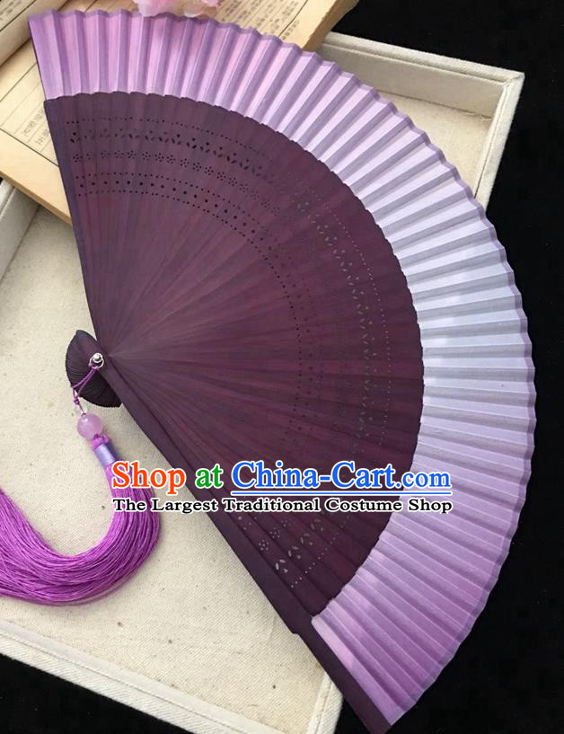 Chinese Classical Silk Folding Fan Purple Bamboo Fan Handmade Accordion