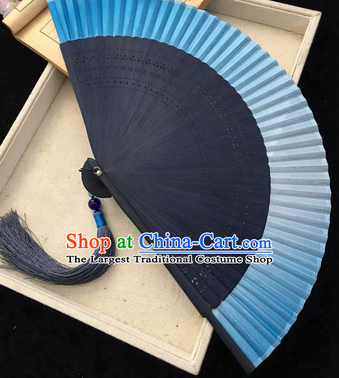 Chinese Blue Bamboo Fan Handmade Accordion Classical Silk Folding Fan
