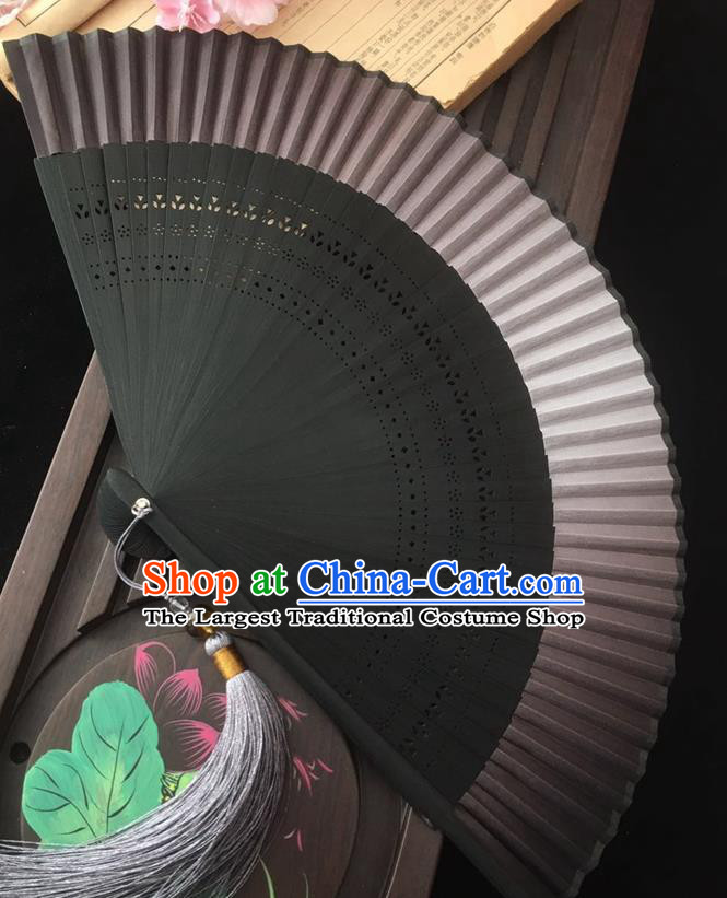 Chinese Classical Brown Silk Folding Fan Handmade Dance Accordion Bamboo Fan