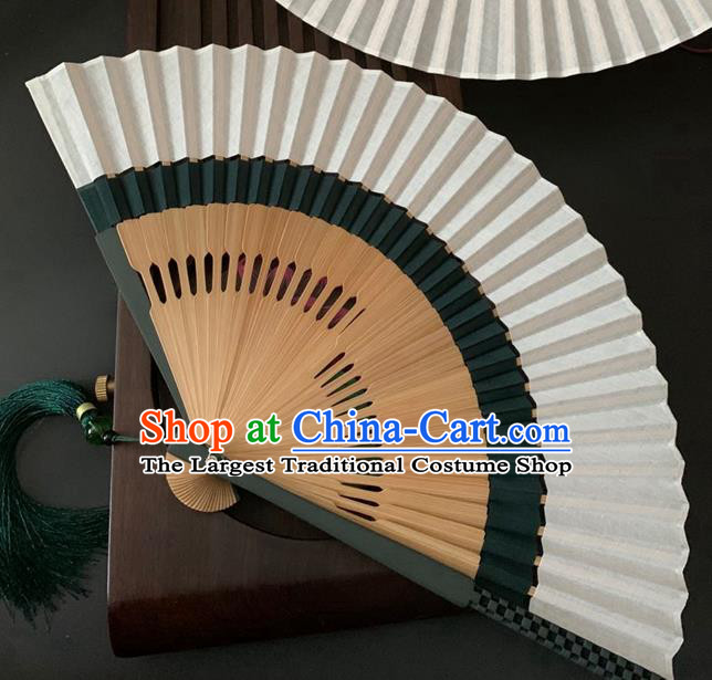 Chinese Classical Flax Folding Fan Handmade Dance Accordion Atrovirens Bamboo Fan
