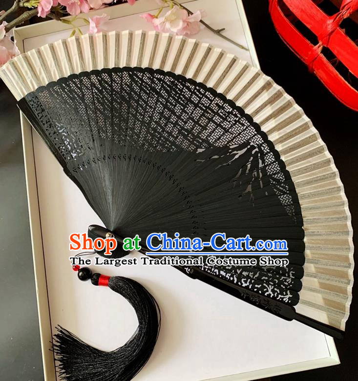 Chinese Handmade Accordion Classical Silk Folding Fan Carving Bamboo Mount Fuji Fan