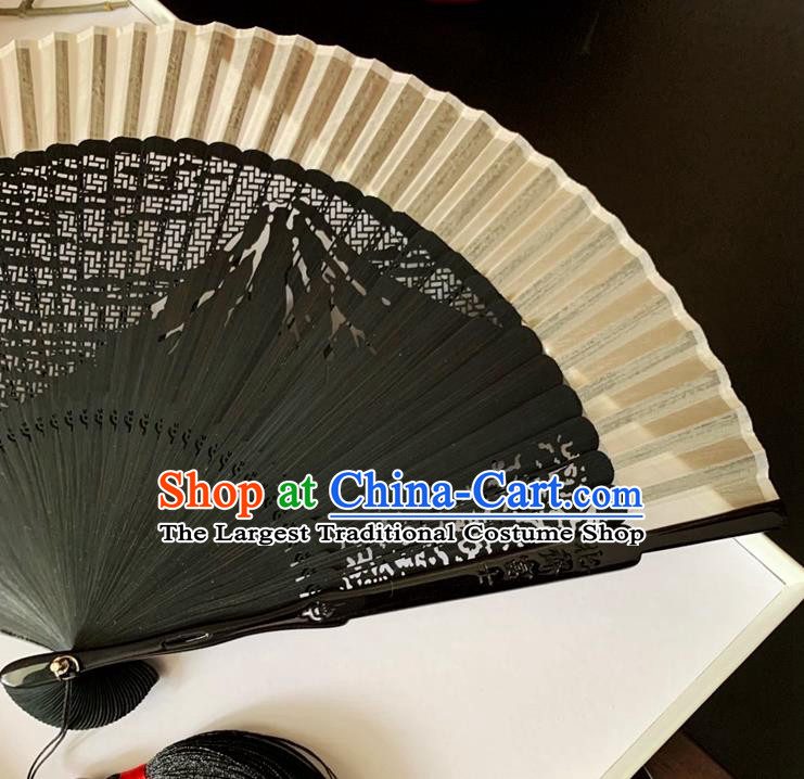 Chinese Handmade Accordion Classical Silk Folding Fan Carving Bamboo Mount Fuji Fan