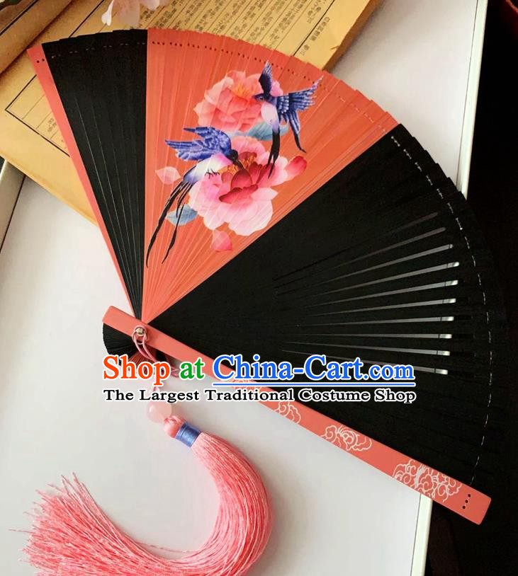 Chinese Classical Folding Fan Red Bamboo Fan Handmade Printing Peony Birds Accordion