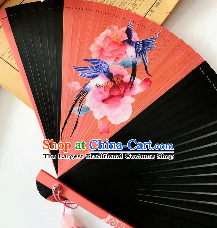 Chinese Classical Folding Fan Red Bamboo Fan Handmade Printing Peony Birds Accordion