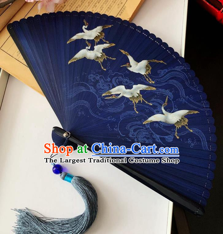 Chinese Handmade Printing Clolud Cranes Accordion Classical Folding Fan Navy Blue Bamboo Fan