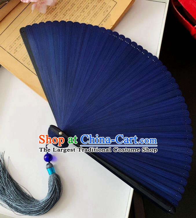 Chinese Handmade Printing Clolud Cranes Accordion Classical Folding Fan Navy Blue Bamboo Fan