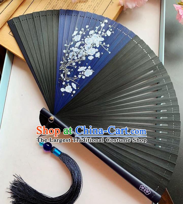 Chinese Handmade Printing Plum Blossom Accordion Classical Folding Fan Black Bamboo Fan