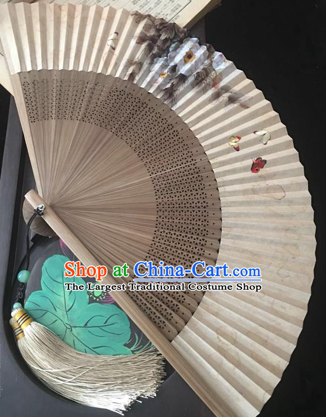 Chinese Classical Paper Accordion Brown Bamboo Fan Handmade Painting Peony Butterfly Folding Fan