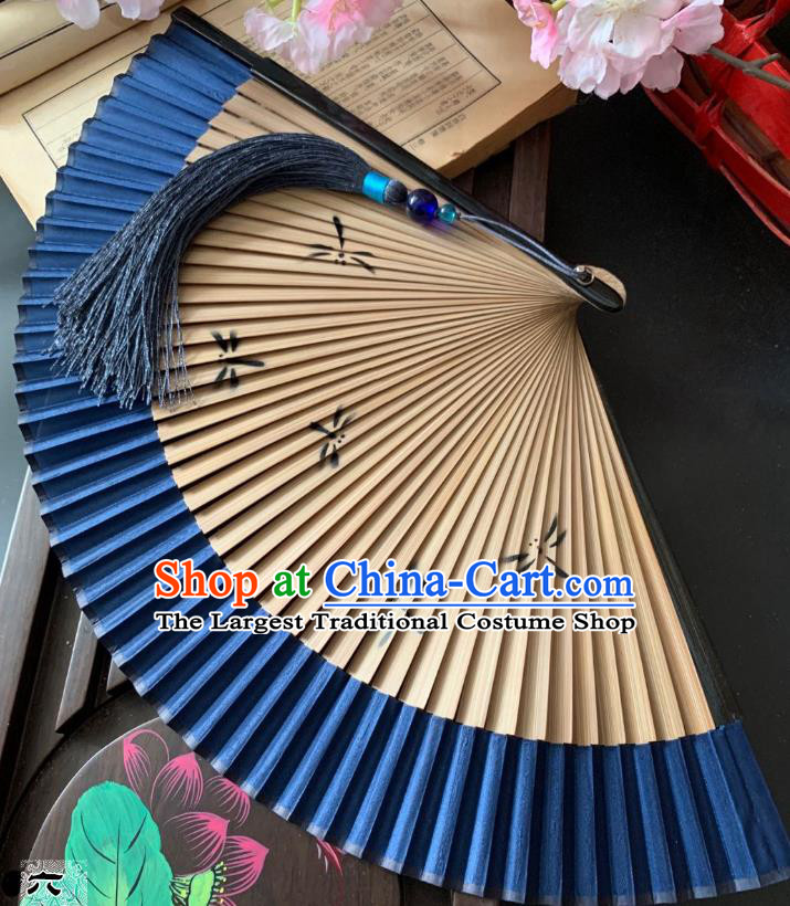 Chinese Handmade Royalblue Folding Fan Classical Silk Accordion Bamboo Fan