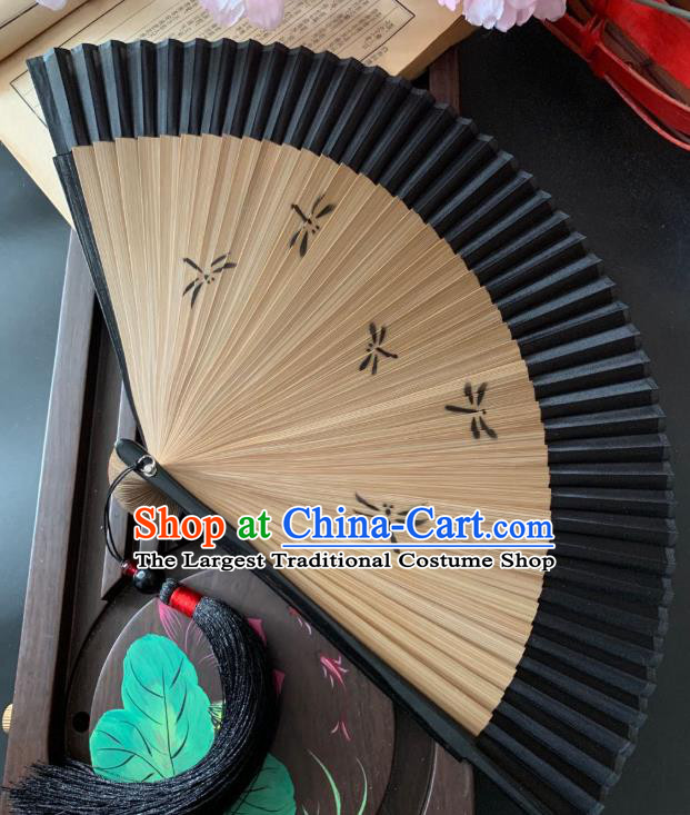 Chinese Handmade Printing Dragonfly Folding Fan Bamboo Fan Classical Black Silk Accordion