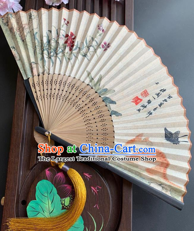 Chinese Classical Silk Accordion Printing Orchids Butterfly Cat Folding Fan Handmade Bamboo Fan