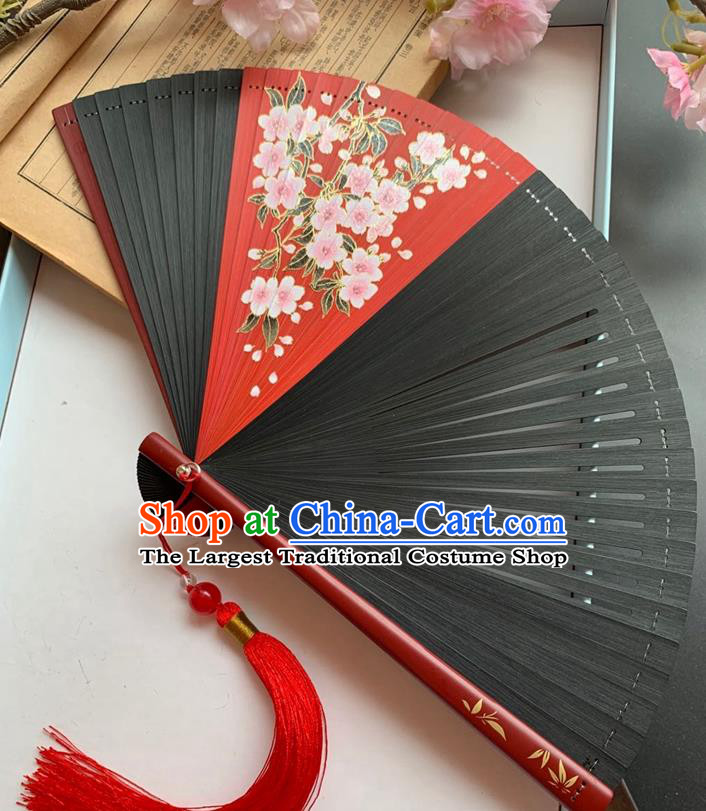 Chinese Black Bamboo Fan Handmade Printing Primrose Accordion Classical Folding Fan