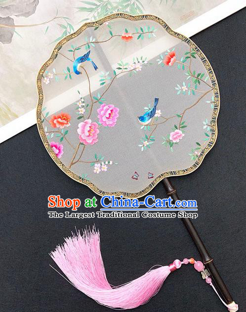 China Traditional Silk Fan Hanfu Fan Classical Dance Fan Handmade Embroidered Peony Birds Palace Fan