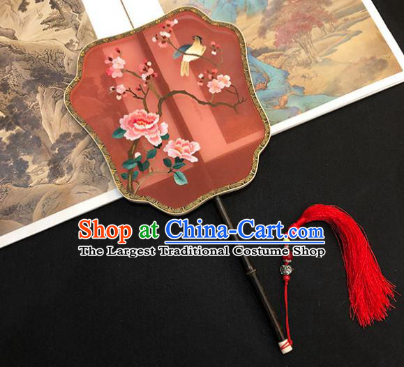 China Handmade Embroidered Peony Palace Fan Hanfu Fan Classical Dance Fan Traditional Red Silk Fan