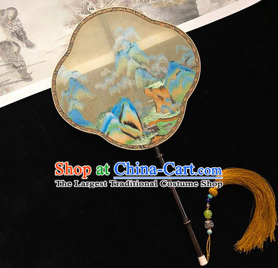 China Traditional Beige Silk Fan Hanfu Fan Classical Dance Fan Handmade Embroidered Vast Land Palace Fan