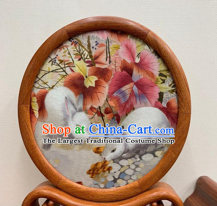 Chinese Traditional Silk Craft Handmade Suzhou Embroidery Rabbit Palisander Ornament Embroidered Table Screen