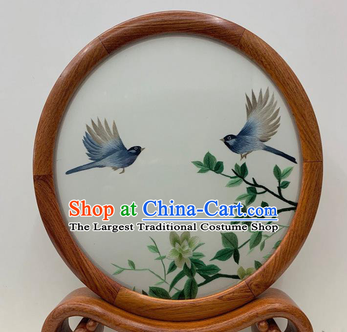 Chinese Traditional Embroidered Table Screen Palisander Craft Handmade Suzhou Embroidery Mangnolia Bird Ornament