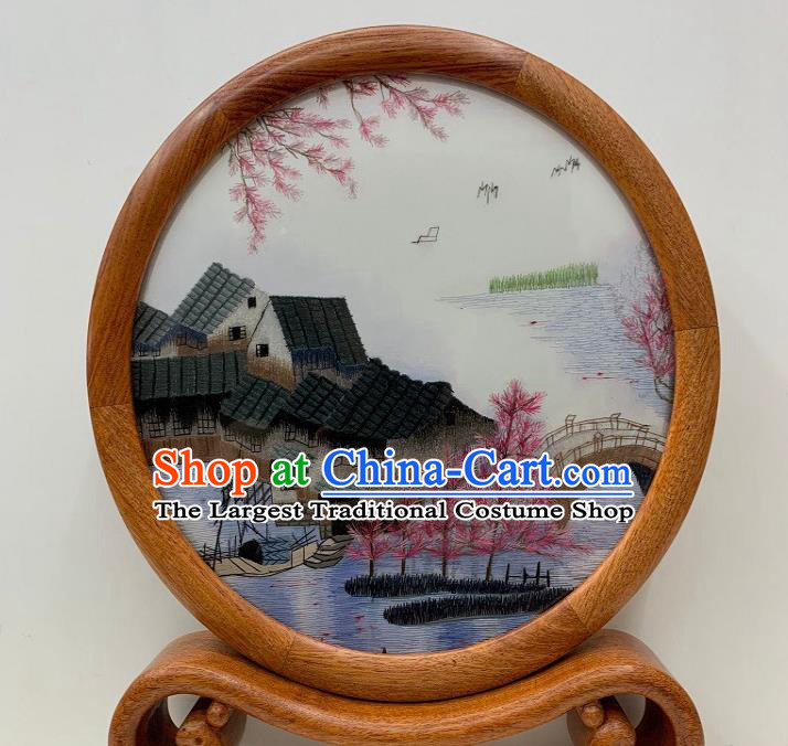 Chinese Suzhou Embroidery Waterside Ornament Handmade Palisander Craft Traditional Embroidered Table Screen