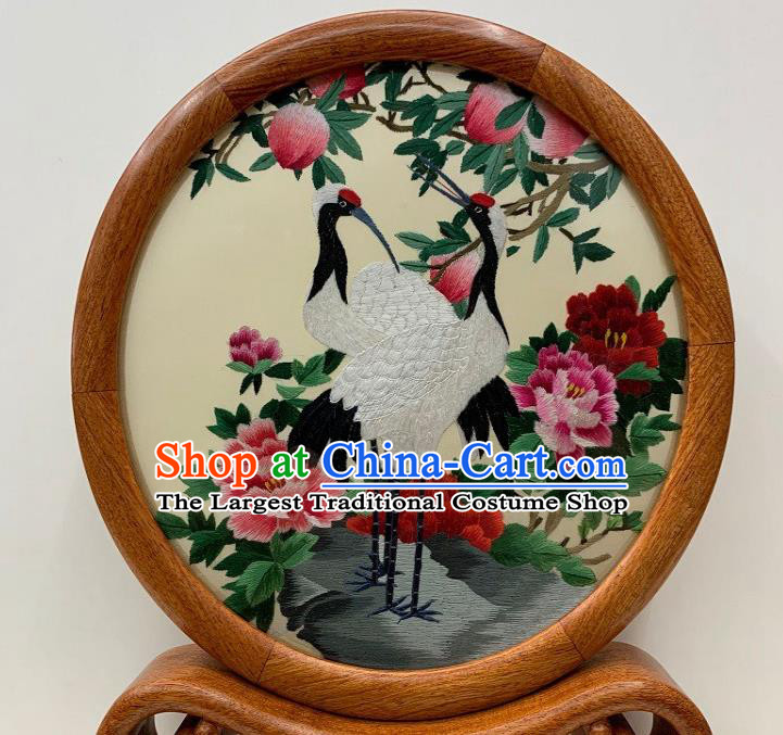 Chinese Traditional Embroidered Table Screen Suzhou Embroidery Cranes Peach Ornament Handmade Palisander Craft