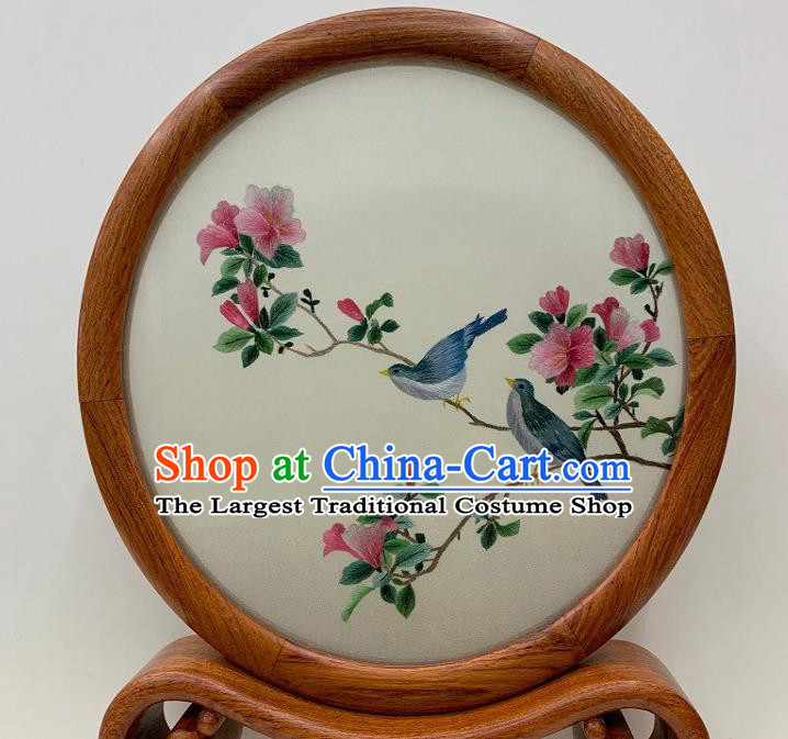 Chinese Suzhou Embroidered Table Screen Handmade Palisander Craft Traditional Embroidery Peach Blossom Desk Ornament