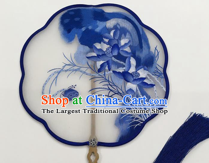 China Handmade Embroidered Blue Lotus Palace Fan Traditional Double Side Embroidery Silk Fan Classical Hanfu Fan