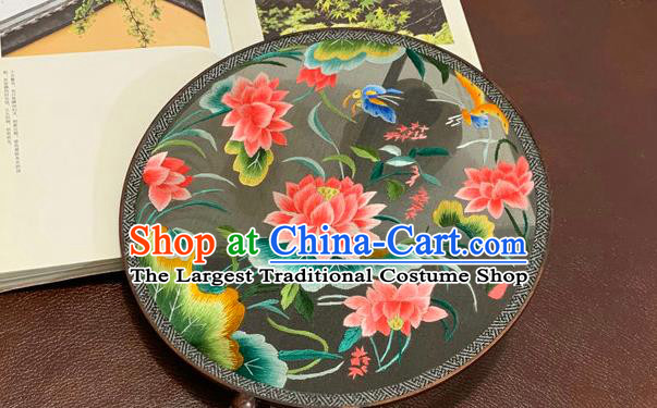 China Traditional Embroidery Lotus Silk Circular Fan Classical Wedding Hanfu Fan Handmade Embroidered Palace Fan