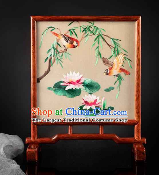 Chinese Traditional Hunan Embroidery Lotus Table Screen Handmade Embroidered Silk Craft Merbau Desk Decoration