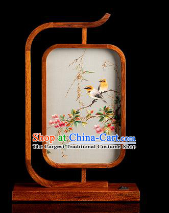 Chinese Embroidered Desk Lamp Handmade Merbau Craft Traditional Hunan Embroidery Peach Blossom Table Screen