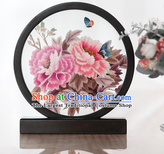 Chinese Handmade Narra Craft Desk Circular Ornament Traditional Hunan Embroidery Peony Table Screen