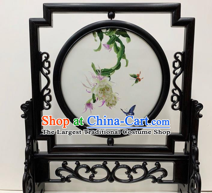 Chinese Traditional Ebony Desk Decoration Handmade Double Side Embroidery Craft Embroidered Epiphyllum Table Screen