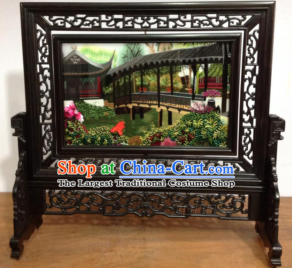 Chinese Rosewood Carving Desk Decoration Traditional Embroidery Craft Handmade Embroidered Humble Administrator Garden Table Screen