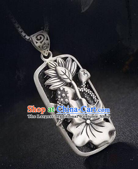Handmade China Classical Cheongsam Silver Necklace Jewelry Carving Lotus Pendant Accessories