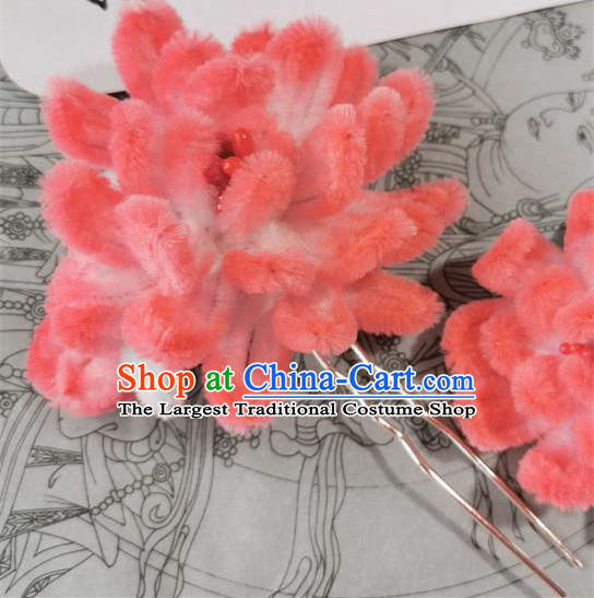 China Traditional Hanfu Hairpin Ancient Princess Hair Accessories Handmade Peach Pink Velvet Camellia Hair Clip