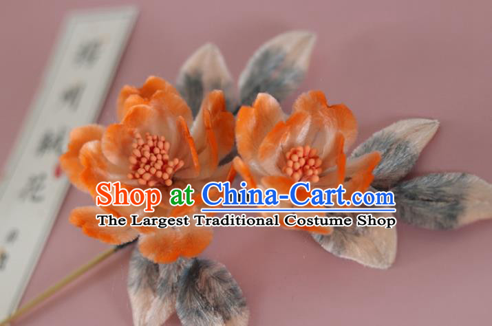 China Handmade Hanfu Hair Stick Traditional Ancient Qing Dynasty Court Woman Orange Velvet Peony Hairpin