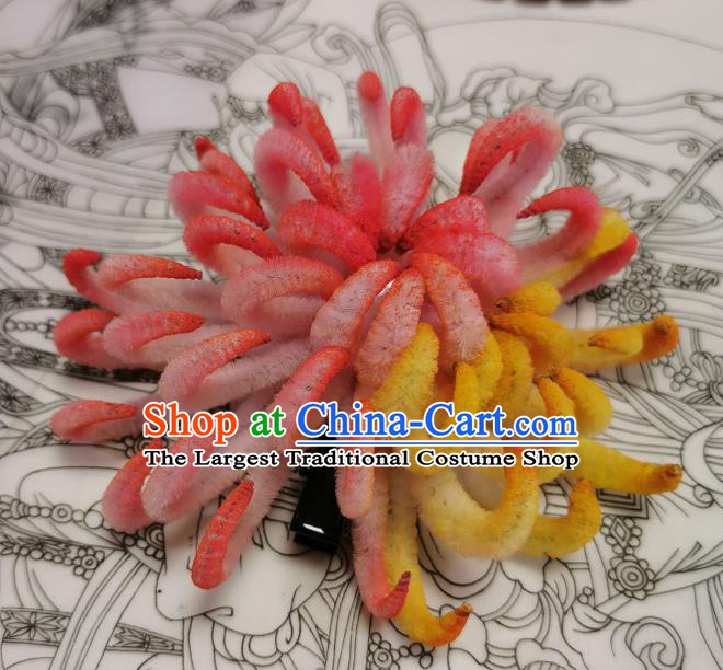 China Handmade Hair Claw Traditional Hanfu Hairpin Ancient Princess Pink Velvet Chrysanthemum Hair Stick