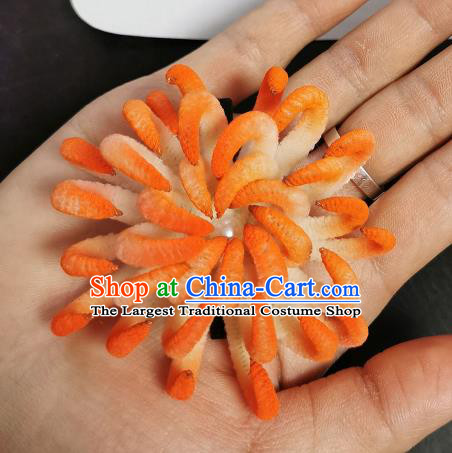 China Ming Dynasty Orange Velvet Chrysanthemum Hairpin Handmade Ancient Palace Princess Hair Stick