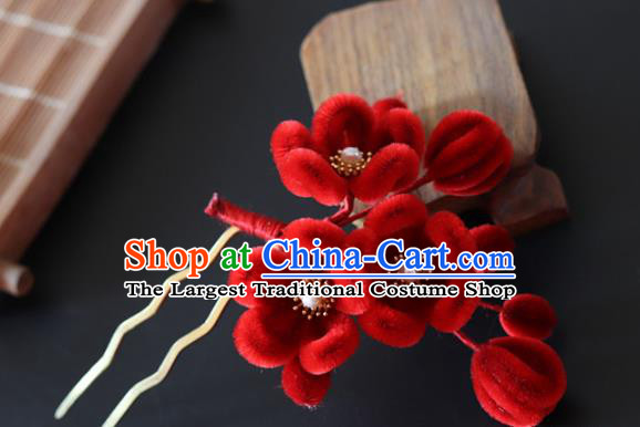 China Handmade Red Velvet Plum Blossom Hair Stick Traditional Ancient Qing Dynasty Princess Hairpin