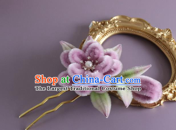 Traditional China Handmade Purple Velvet Flowers Hair Accessories Ancient Hanfu Hairpin