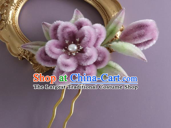 Traditional China Handmade Purple Velvet Flowers Hair Accessories Ancient Hanfu Hairpin