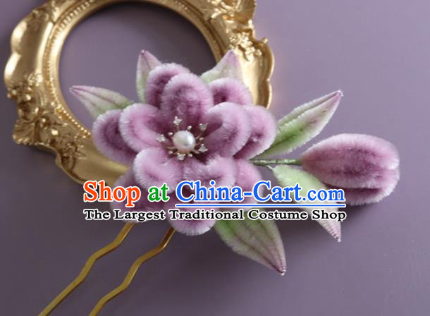 Traditional China Handmade Purple Velvet Flowers Hair Accessories Ancient Hanfu Hairpin